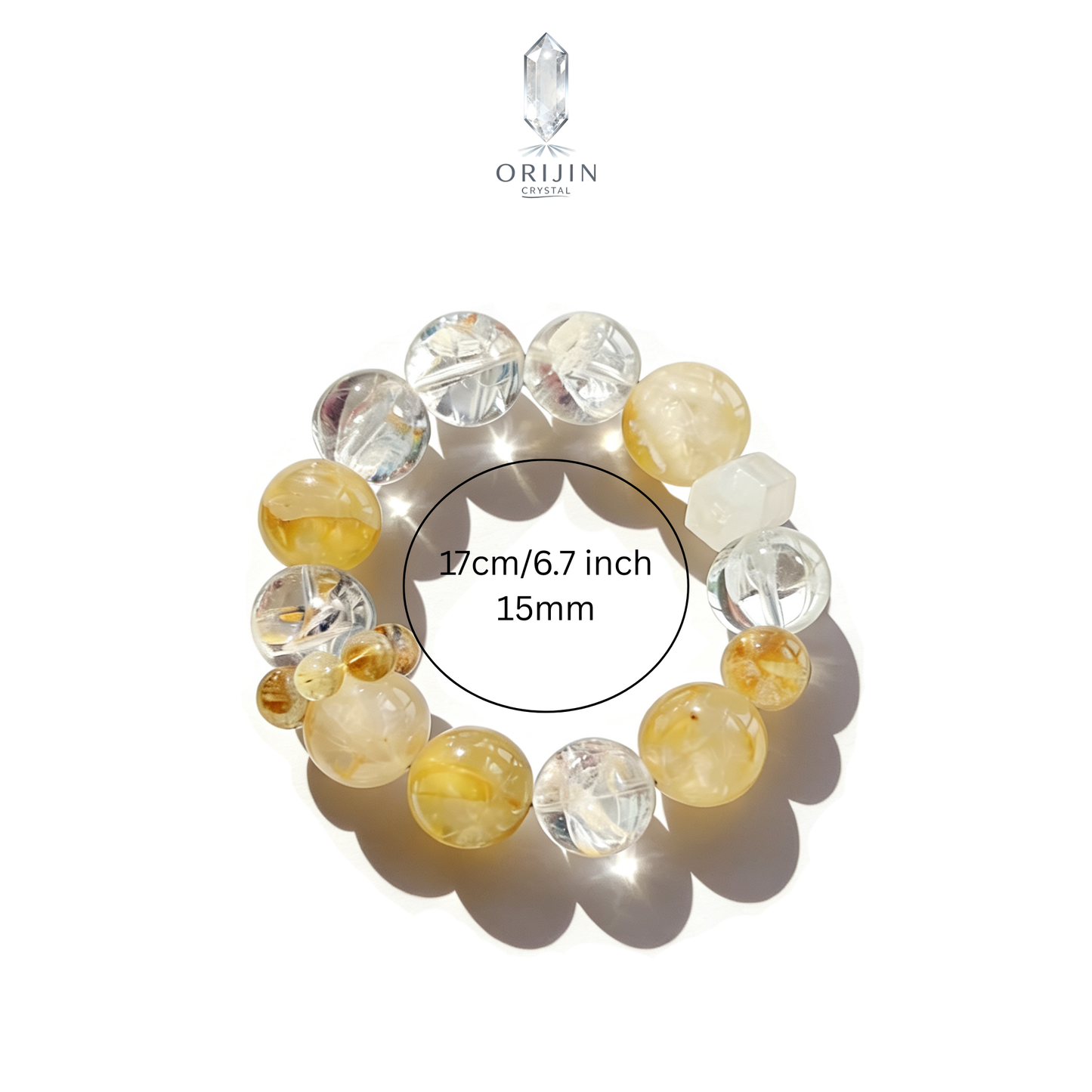 Natural Golden Rutilated Quartz 17mm Bracelet White Aze, Yellow Phantom, Citrine Rounds & Rose Quartz Column Natural Crystal  Handmade Gift