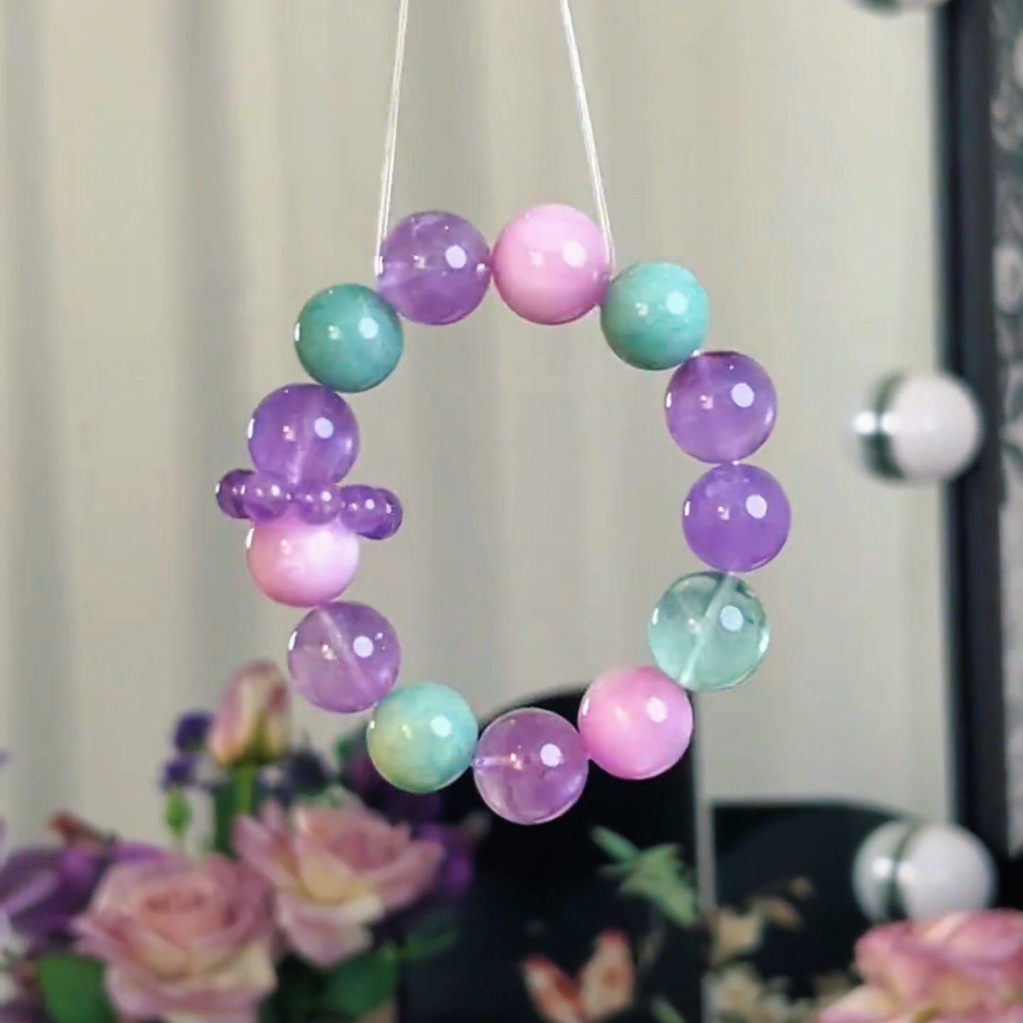 Natural Crystal Bracelet – Kunzite, Amazonite, Green Fluorite & Amethyst Beads | Pastel Kawaii Coquette Jewelry | Soft Girl Aesthetic Gift