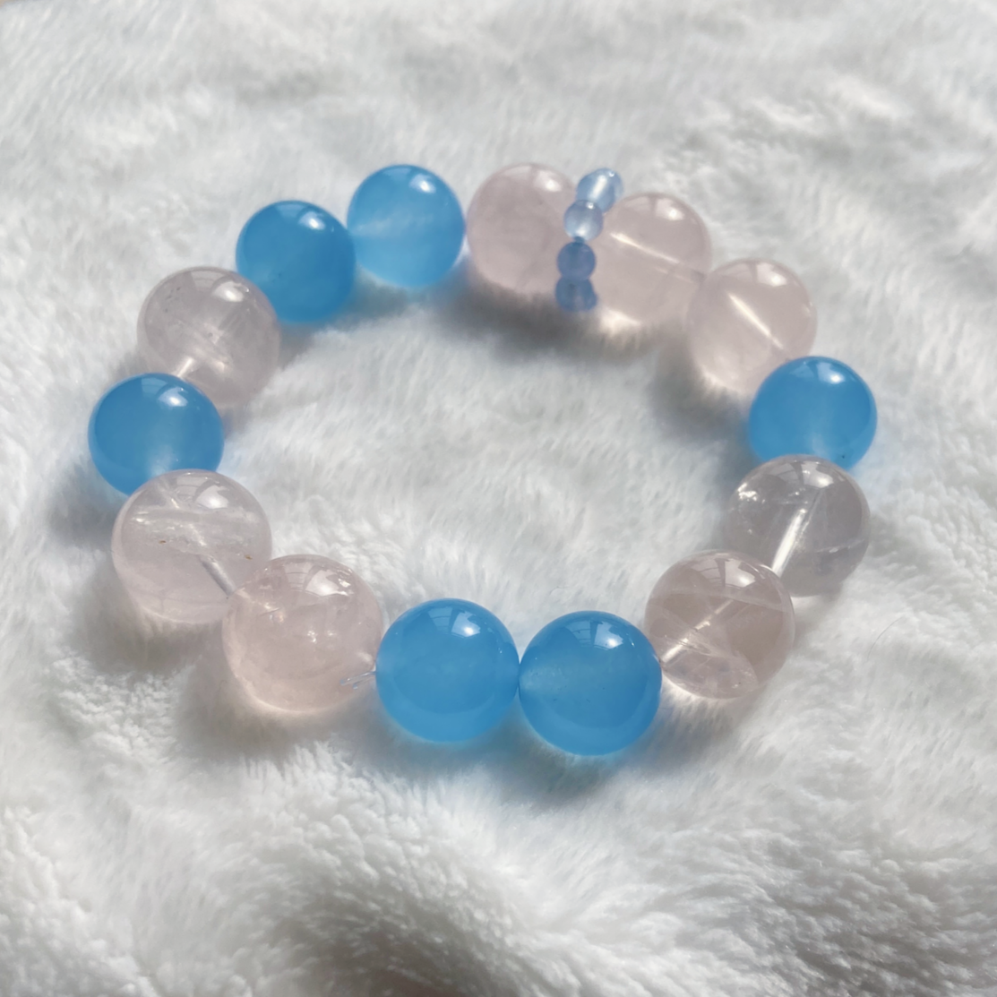 Natural Rose Quartz Aquamarine Bracelet | 16mm Large Bead Calming Healing Crystal | Pink Blue Love & Serenity Jewelry Gift