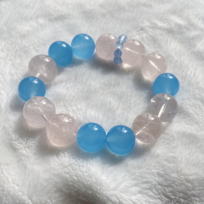 Natural Rose Quartz Aquamarine Bracelet | 16mm Large Bead Calming Healing Crystal | Pink Blue Love & Serenity Jewelry Gift