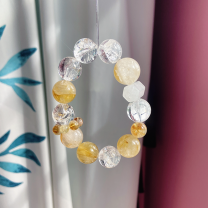 Natural Golden Rutilated Quartz 17mm Bracelet White Aze, Yellow Phantom, Citrine Rounds & Rose Quartz Column Natural Crystal  Handmade Gift
