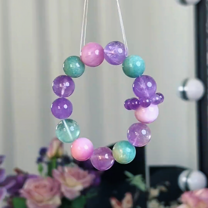 Natural Crystal Bracelet – Kunzite, Amazonite, Green Fluorite & Amethyst Beads | Pastel Kawaii Coquette Jewelry | Soft Girl Aesthetic Gift