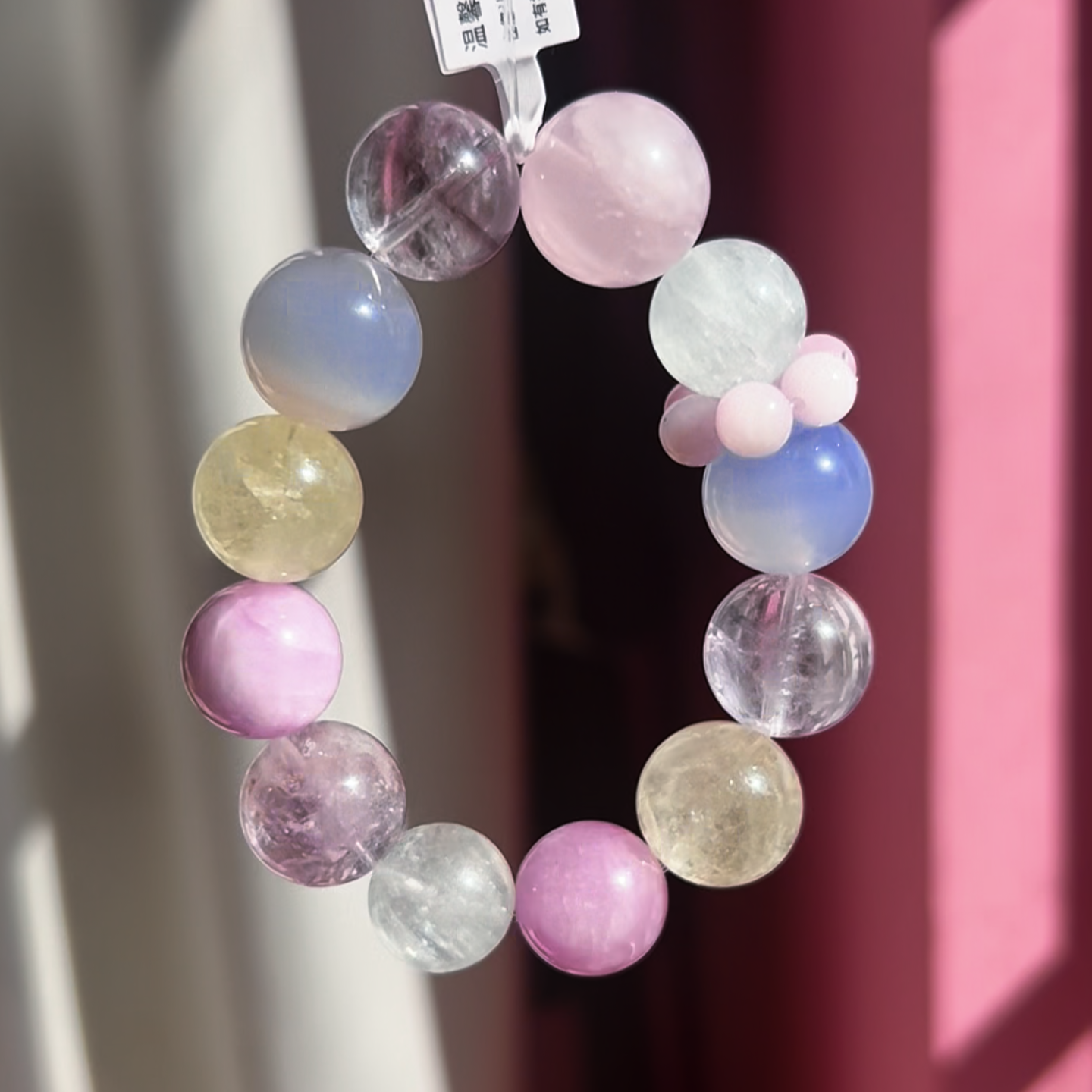 Natural Crystal Bracelet 16mm  Lepidolite, Moonstone, Blue Cat Eye, Lemon Quartz, Fluorite, Rose Quartz, Amethyst  Healing Energy Gemstone