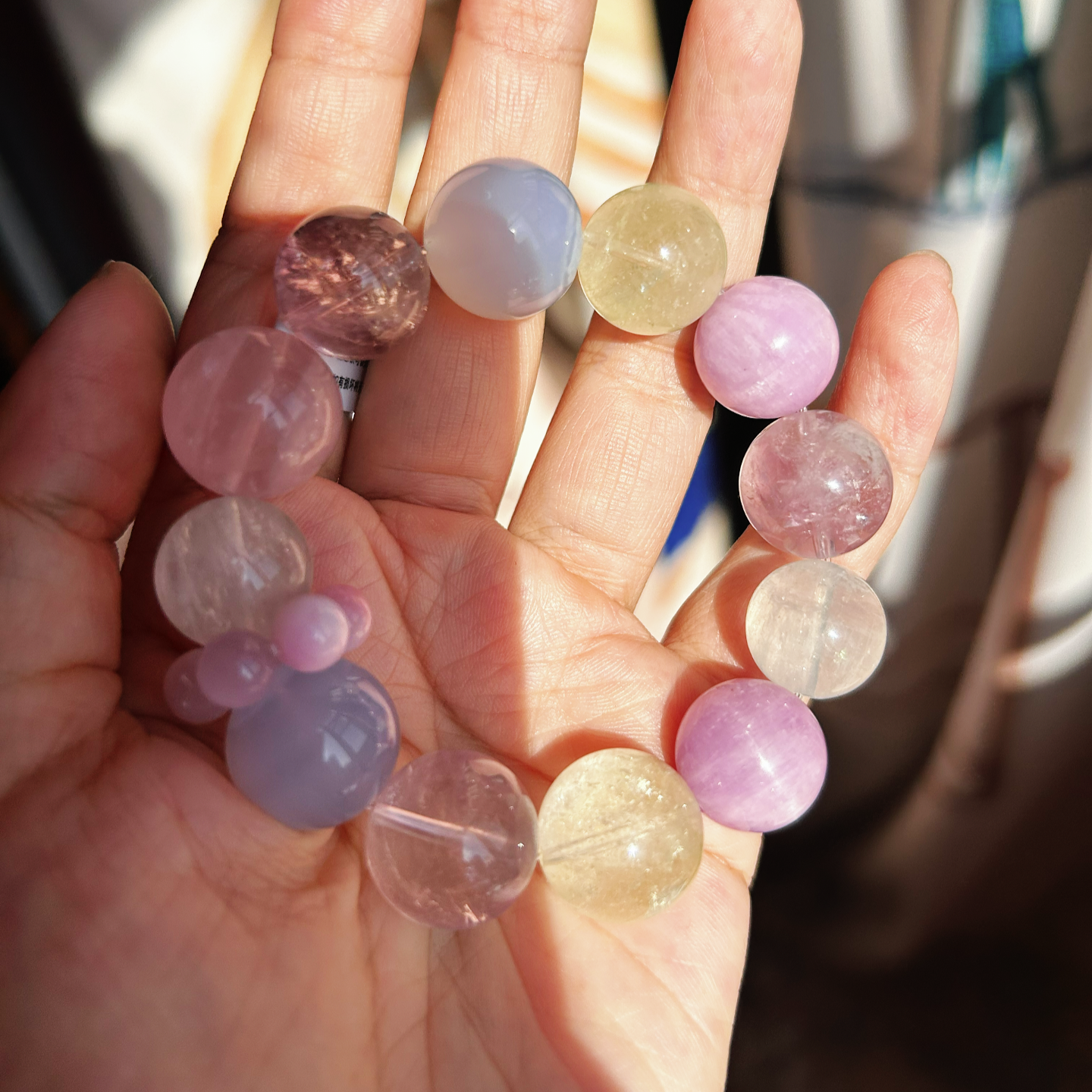 Natural Crystal Bracelet 16mm  Lepidolite, Moonstone, Blue Cat Eye, Lemon Quartz, Fluorite, Rose Quartz, Amethyst  Healing Energy Gemstone