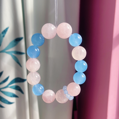 Natural Rose Quartz Aquamarine Bracelet | 16mm Large Bead Calming Healing Crystal | Pink Blue Love & Serenity Jewelry Gift