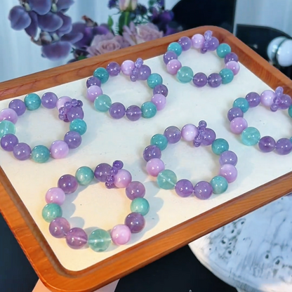 Natural Crystal Bracelet – Kunzite, Amazonite, Green Fluorite & Amethyst Beads | Pastel Kawaii Coquette Jewelry | Soft Girl Aesthetic Gift