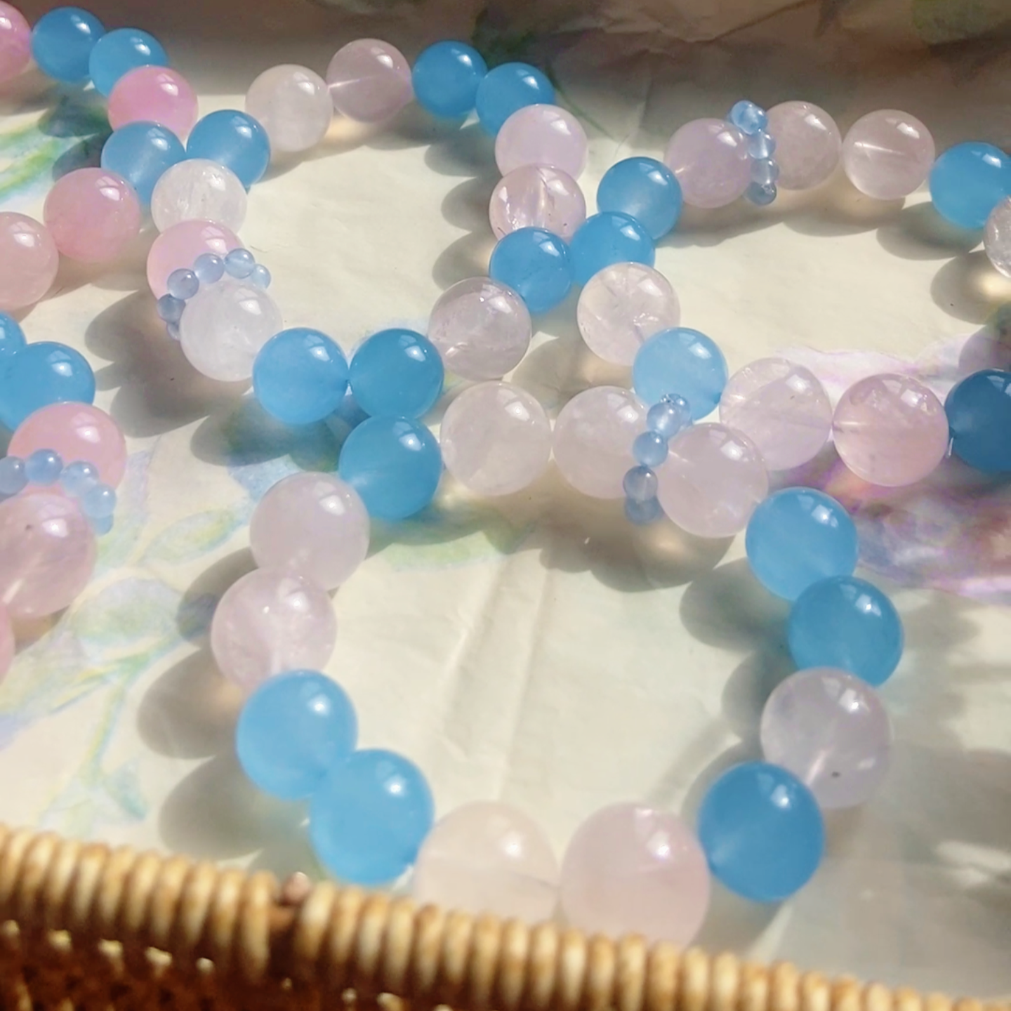 Natural Rose Quartz Aquamarine Bracelet | 16mm Large Bead Calming Healing Crystal | Pink Blue Love & Serenity Jewelry Gift