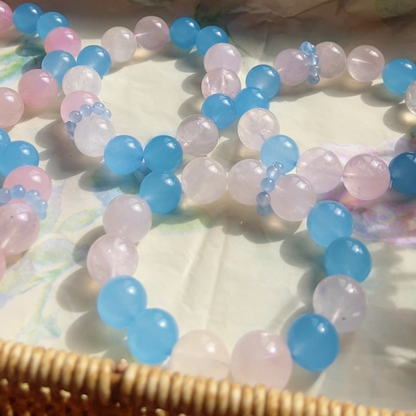 Natural Rose Quartz Aquamarine Bracelet | 16mm Large Bead Calming Healing Crystal | Pink Blue Love & Serenity Jewelry Gift