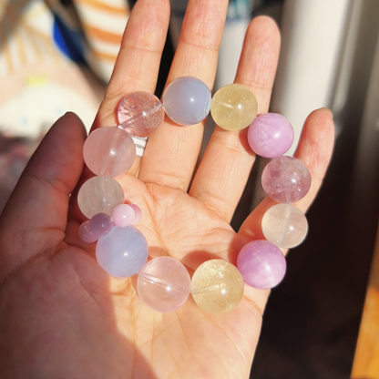 Natural Crystal Bracelet 16mm  Lepidolite, Moonstone, Blue Cat Eye, Lemon Quartz, Fluorite, Rose Quartz, Amethyst  Healing Energy Gemstone