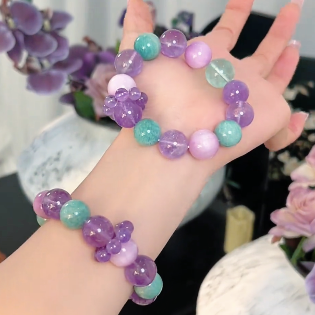 Natural Crystal Bracelet – Kunzite, Amazonite, Green Fluorite & Amethyst Beads | Pastel Kawaii Coquette Jewelry | Soft Girl Aesthetic Gift