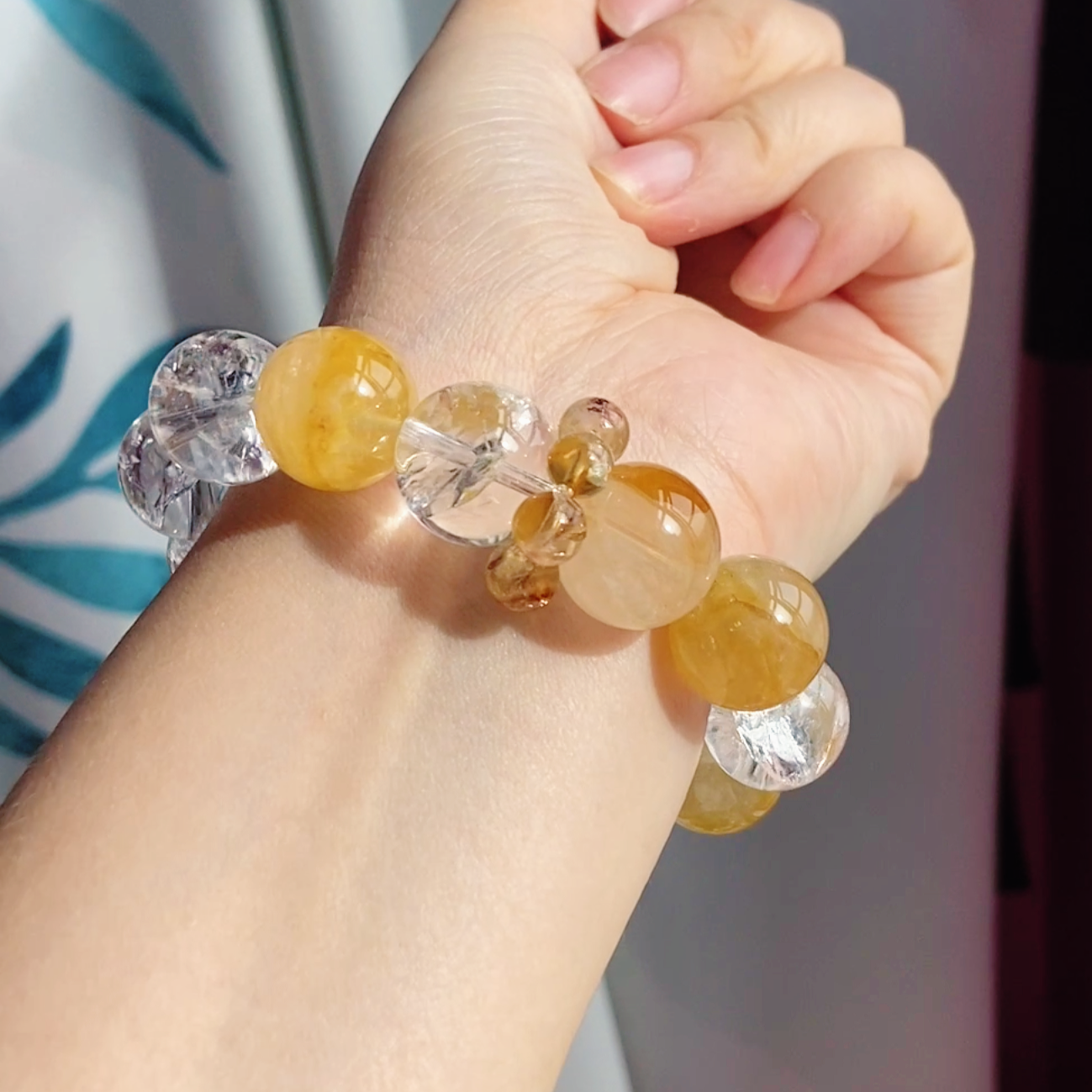 Natural Golden Rutilated Quartz 17mm Bracelet White Aze, Yellow Phantom, Citrine Rounds & Rose Quartz Column Natural Crystal  Handmade Gift
