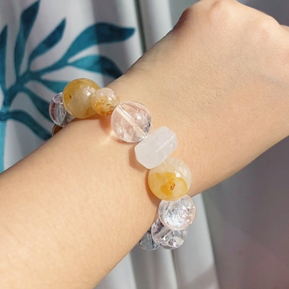 Natural Golden Rutilated Quartz 17mm Bracelet White Aze, Yellow Phantom, Citrine Rounds & Rose Quartz Column Natural Crystal  Handmade Gift