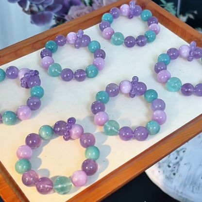 Natural Crystal Bracelet – Kunzite, Amazonite, Green Fluorite & Amethyst Beads | Pastel Kawaii Coquette Jewelry | Soft Girl Aesthetic Gift