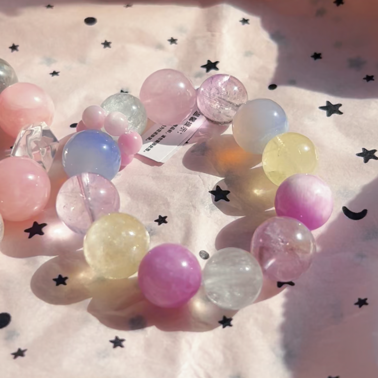 Natural Crystal Bracelet 16mm  Lepidolite, Moonstone, Blue Cat Eye, Lemon Quartz, Fluorite, Rose Quartz, Amethyst  Healing Energy Gemstone