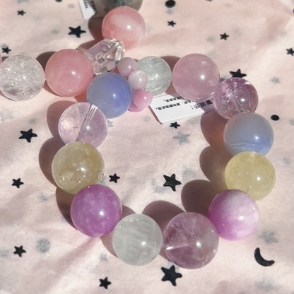 Natural Crystal Bracelet 16mm  Lepidolite, Moonstone, Blue Cat Eye, Lemon Quartz, Fluorite, Rose Quartz, Amethyst  Healing Energy Gemstone