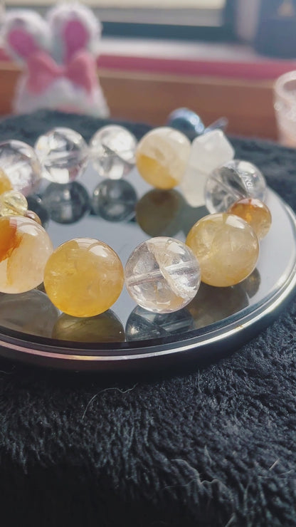 Natural Golden Rutilated Quartz 17mm Bracelet White Aze, Yellow Phantom, Citrine Rounds & Rose Quartz Column Natural Crystal  Handmade Gift