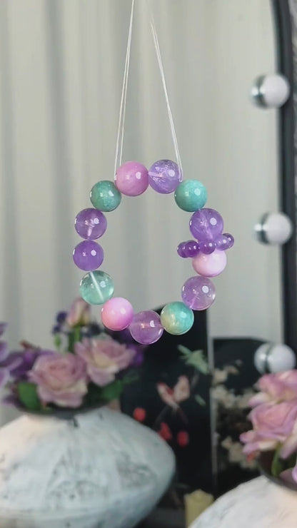 Natural Crystal Bracelet – Kunzite, Amazonite, Green Fluorite & Amethyst Beads | Pastel Kawaii Coquette Jewelry | Soft Girl Aesthetic Gift