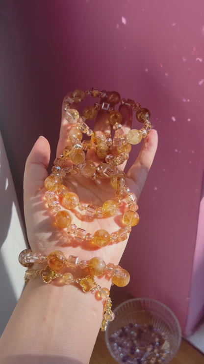 Yellow Rutilated Quartz Citrine Bracelet 12mm Natural Golden Rutile, Wealth & Money Luck Crystal, Feng Shui Abundance Jewelry, Handmade Gift