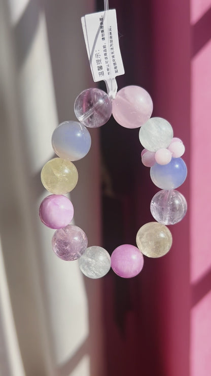Natural Crystal Bracelet 16mm  Lepidolite, Moonstone, Blue Cat Eye, Lemon Quartz, Fluorite, Rose Quartz, Amethyst  Healing Energy Gemstone